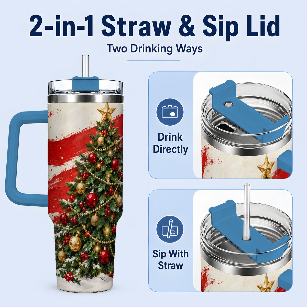 #pl[40oz|Blue] Classic Christmas Tree 40oz Handled Tumbler, Red Gold Holiday Artwork