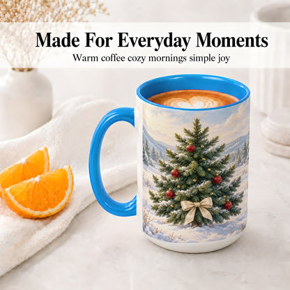 #pl[15oz|Blue] Snowy Christmas Tree Ceramic Mug, Rustic Winter Mountain Landscape