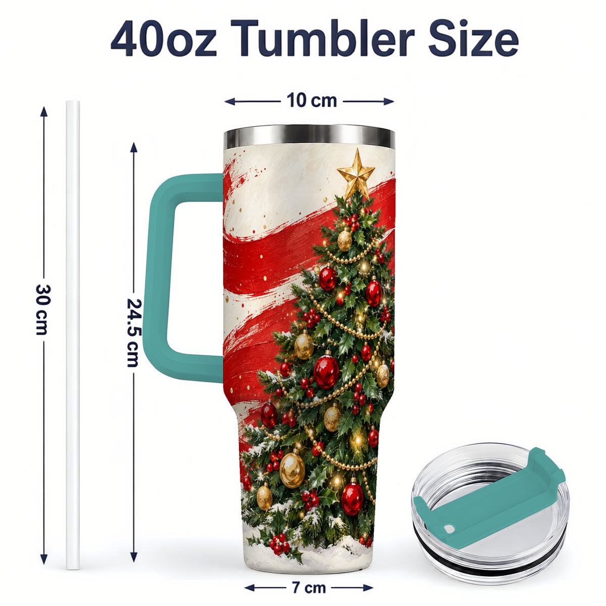 #pl[40oz|Green] Classic Christmas Tree 40oz Handled Tumbler, Red Gold Holiday Artwork