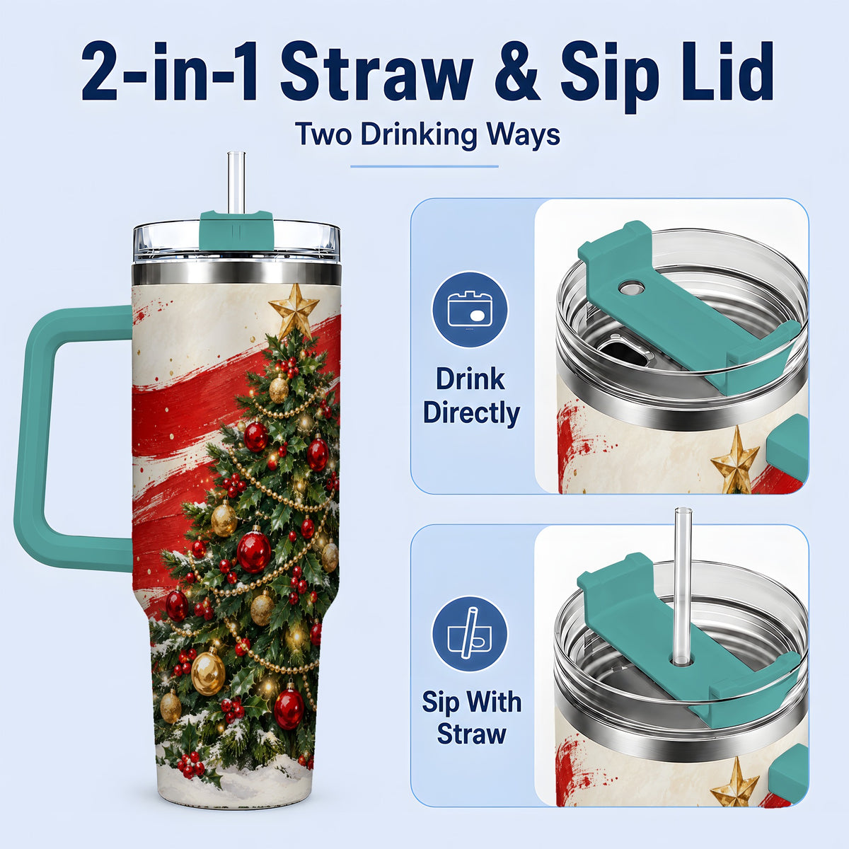#pl[40oz|Green] Classic Christmas Tree 40oz Handled Tumbler, Red Gold Holiday Artwork