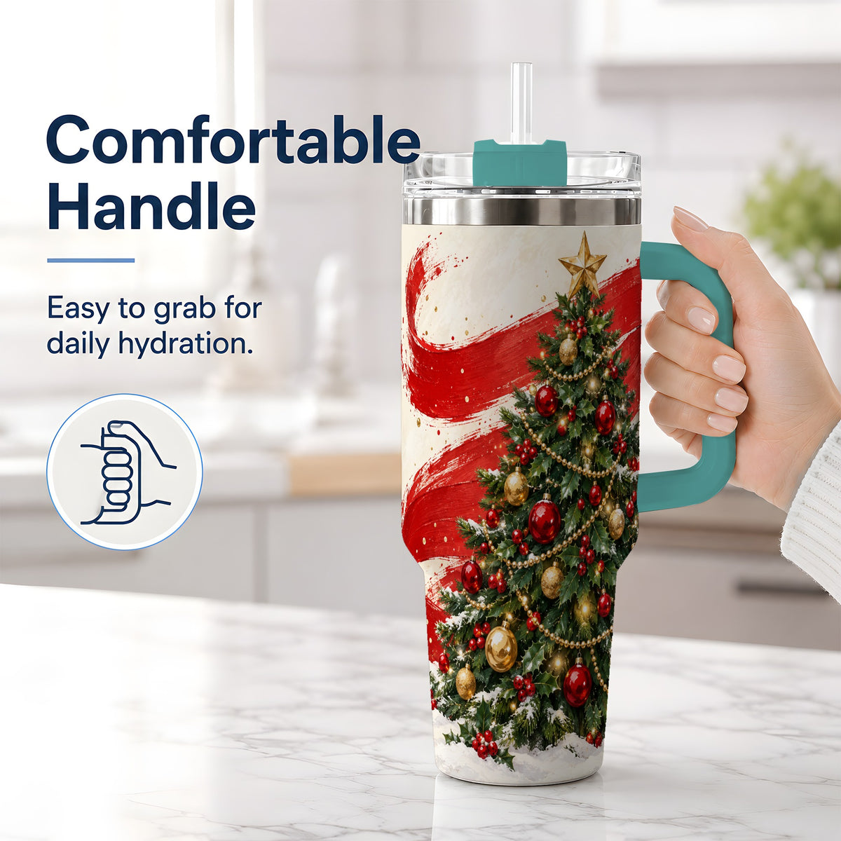 #pl[40oz|Green] Classic Christmas Tree 40oz Handled Tumbler, Red Gold Holiday Artwork