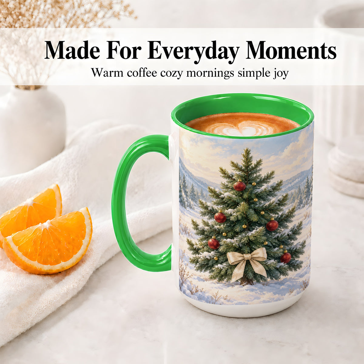 #pl[15oz|Green] Snowy Christmas Tree Ceramic Mug, Rustic Winter Mountain Landscape