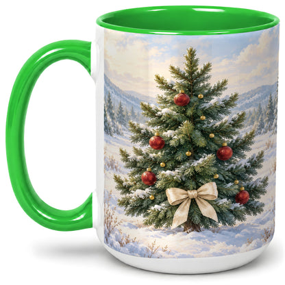 #pl[15oz|Green] Snowy Christmas Tree Ceramic Mug, Rustic Winter Mountain Landscape