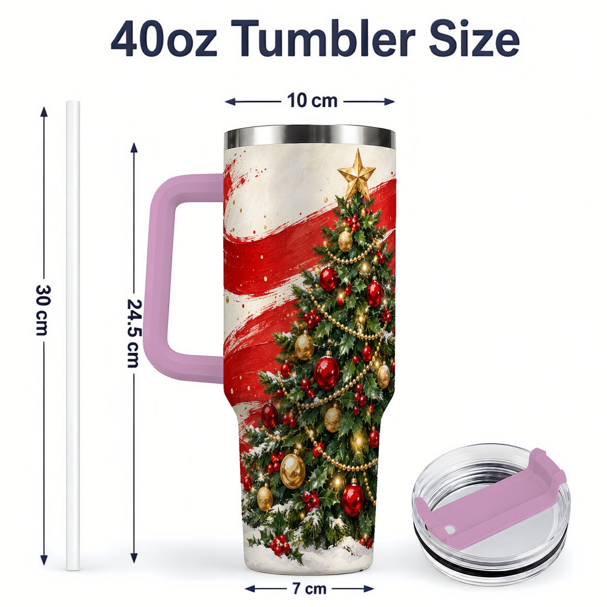 #pl[40oz|Pink] Classic Christmas Tree 40oz Handled Tumbler, Red Gold Holiday Artwork