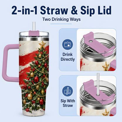 #pl[40oz|Pink] Classic Christmas Tree 40oz Handled Tumbler, Red Gold Holiday Artwork