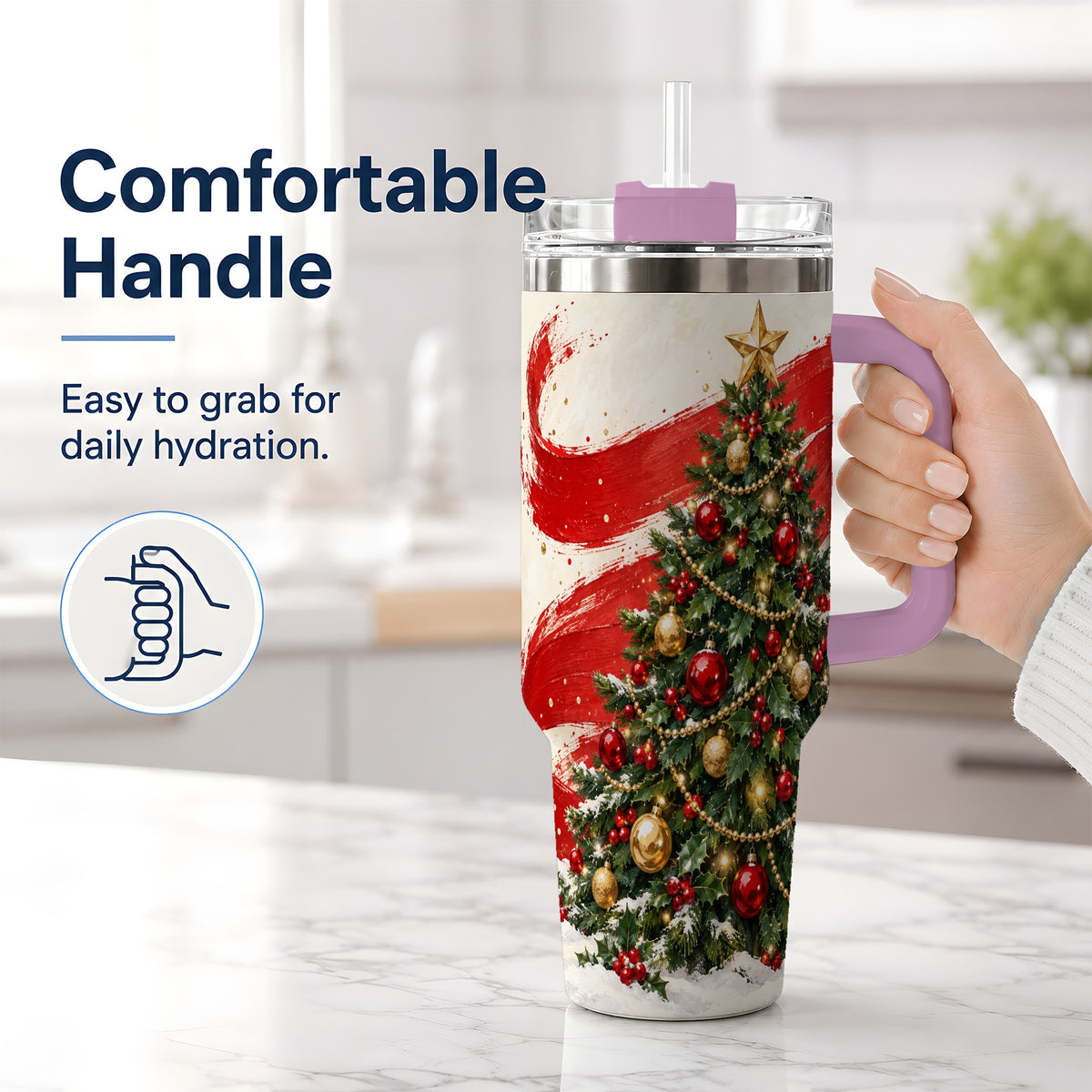 #pl[40oz|Pink] Classic Christmas Tree 40oz Handled Tumbler, Red Gold Holiday Artwork