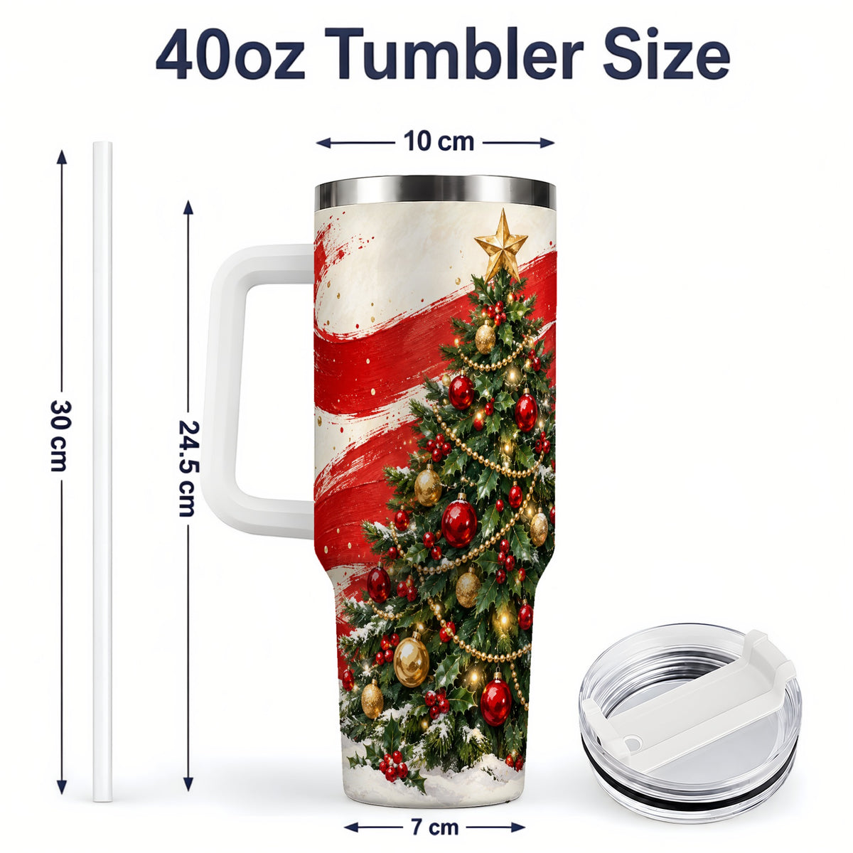 #pl[40oz|White] Classic Christmas Tree 40oz Handled Tumbler, Red Gold Holiday Artwork