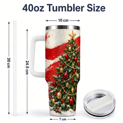 #pl[40oz|White] Classic Christmas Tree 40oz Handled Tumbler, Red Gold Holiday Artwork