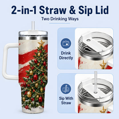 #pl[40oz|White] Classic Christmas Tree 40oz Handled Tumbler, Red Gold Holiday Artwork