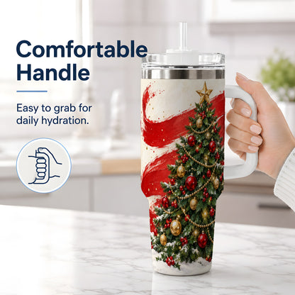#pl[40oz|White] Classic Christmas Tree 40oz Handled Tumbler, Red Gold Holiday Artwork
