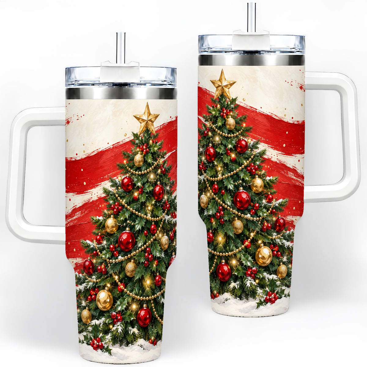 Classic Christmas Tree 40oz Handled Tumbler, Red Gold Holiday Artwork