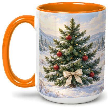 #pl[15oz|Orange] Snowy Christmas Tree Ceramic Mug, Rustic Winter Mountain Landscape