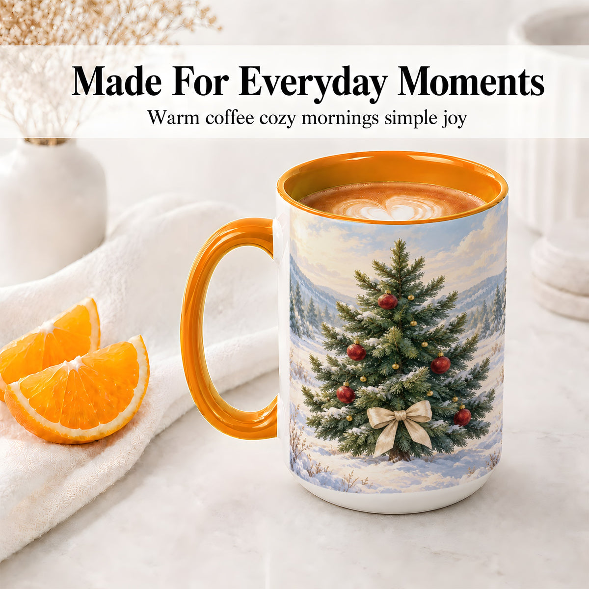 #pl[15oz|Orange] Snowy Christmas Tree Ceramic Mug, Rustic Winter Mountain Landscape
