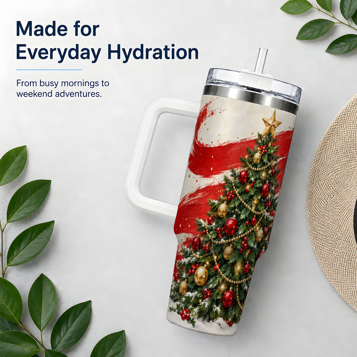 Classic Christmas Tree 40oz Handled Tumbler, Red Gold Holiday Artwork