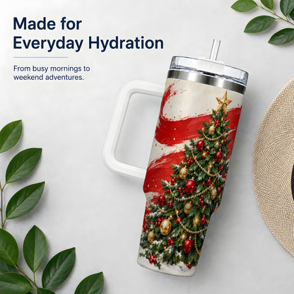 Classic Christmas Tree 40oz Handled Tumbler, Red Gold Holiday Artwork
