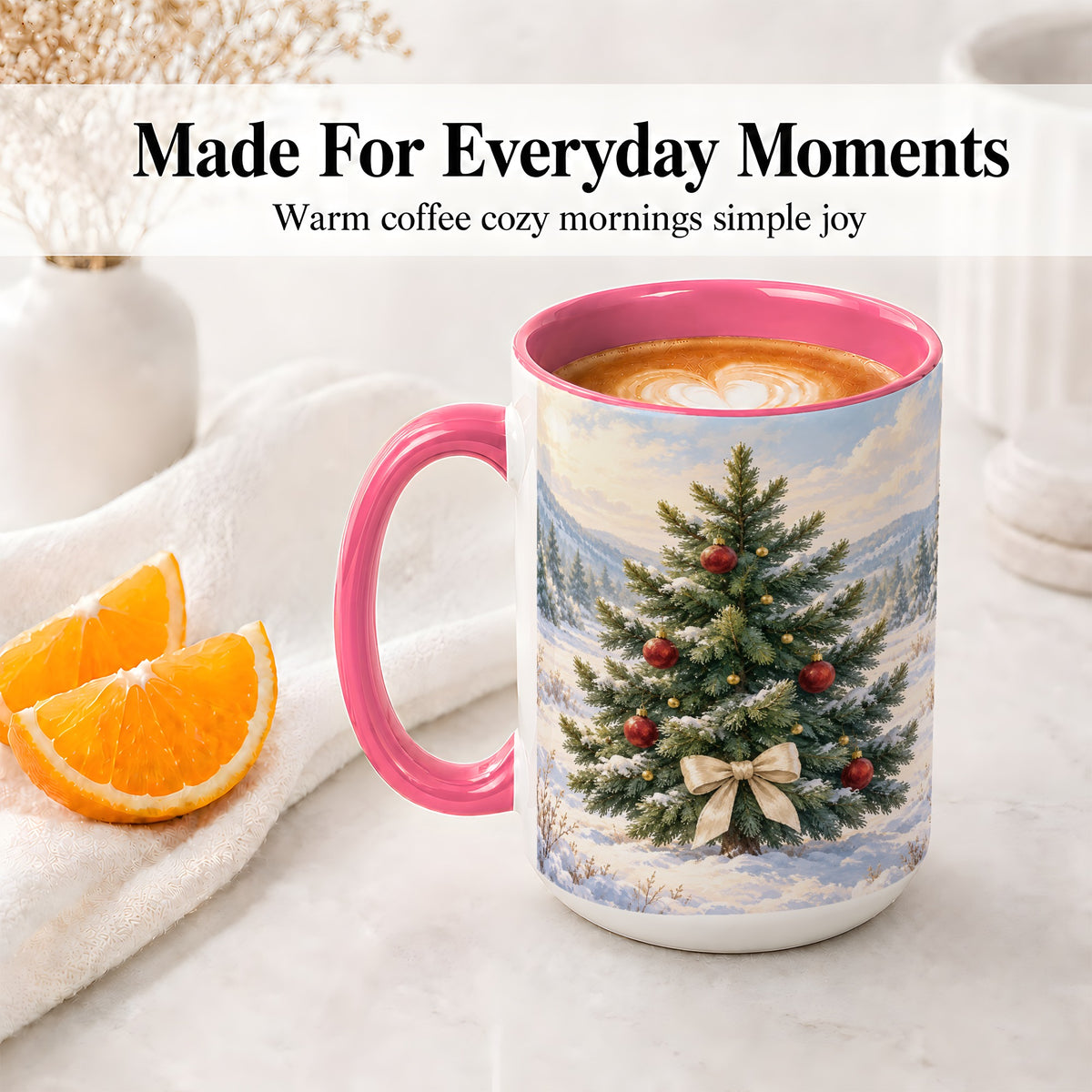 #pl[15oz|Pink] Snowy Christmas Tree Ceramic Mug, Rustic Winter Mountain Landscape