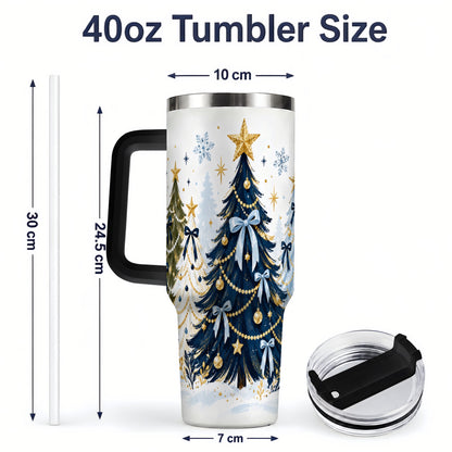 #pl[40oz|Black] Navy Blue Christmas Trees Handled Tumbler, 40oz Holiday Drinkware