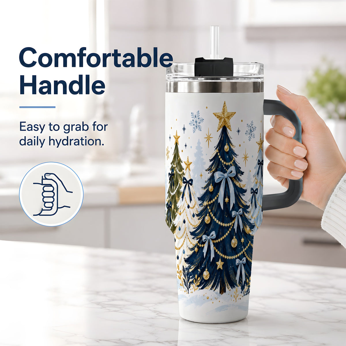 #pl[40oz|Black] Navy Blue Christmas Trees Handled Tumbler, 40oz Holiday Drinkware