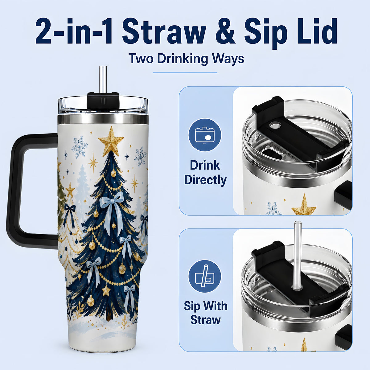 #pl[40oz|Black] Navy Blue Christmas Trees Handled Tumbler, 40oz Holiday Drinkware