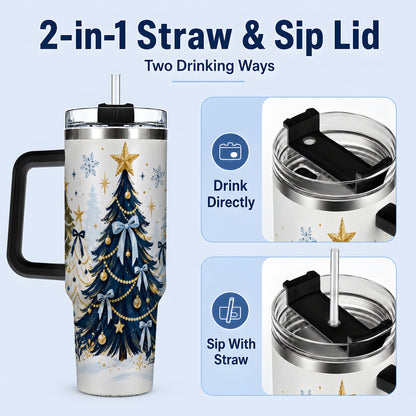 #pl[40oz|Black] Navy Blue Christmas Trees Handled Tumbler, 40oz Holiday Drinkware