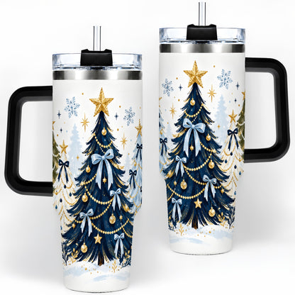 #pl[40oz|Black] Navy Blue Christmas Trees Handled Tumbler, 40oz Holiday Drinkware