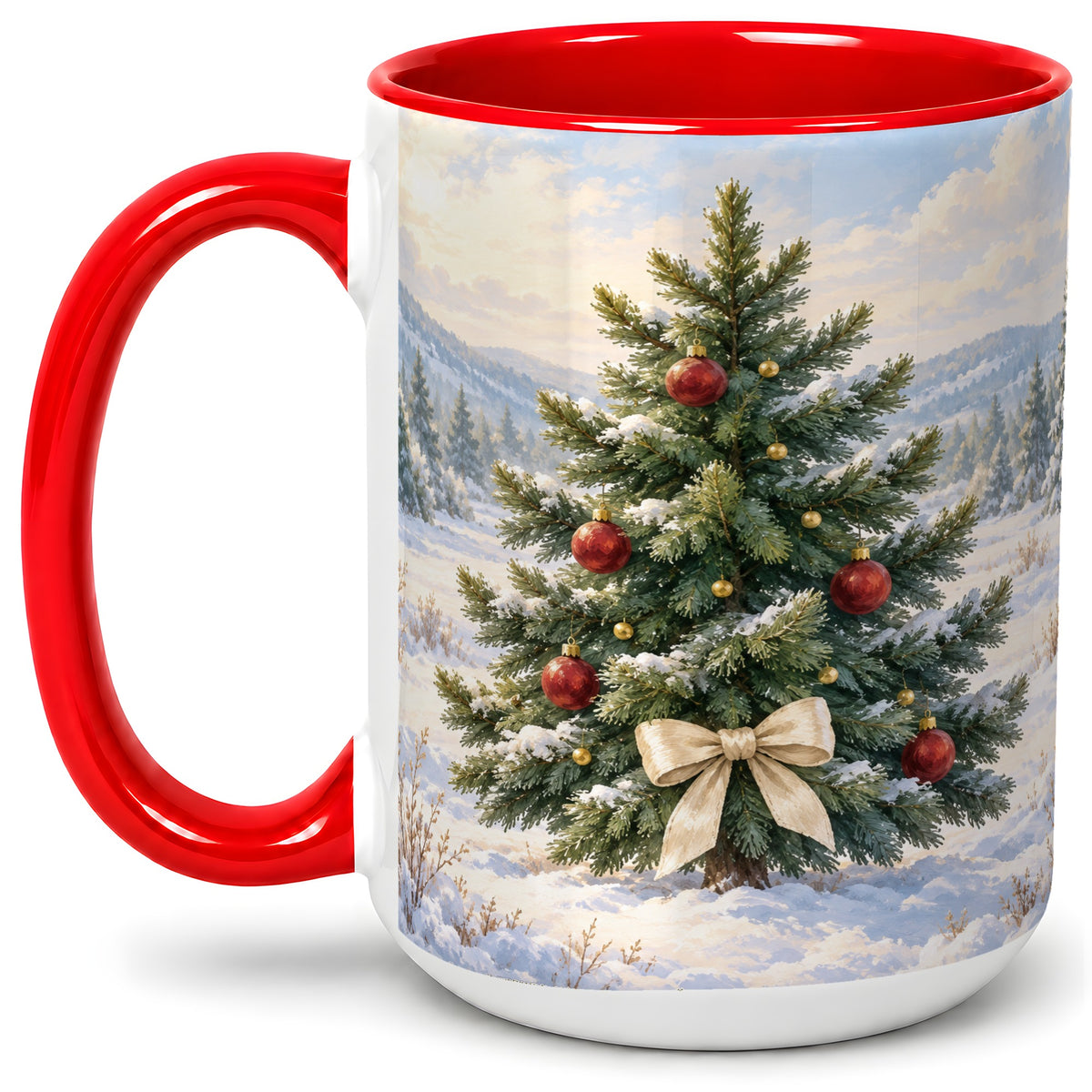 #pl[15oz|Red] Snowy Christmas Tree Ceramic Mug, Rustic Winter Mountain Landscape