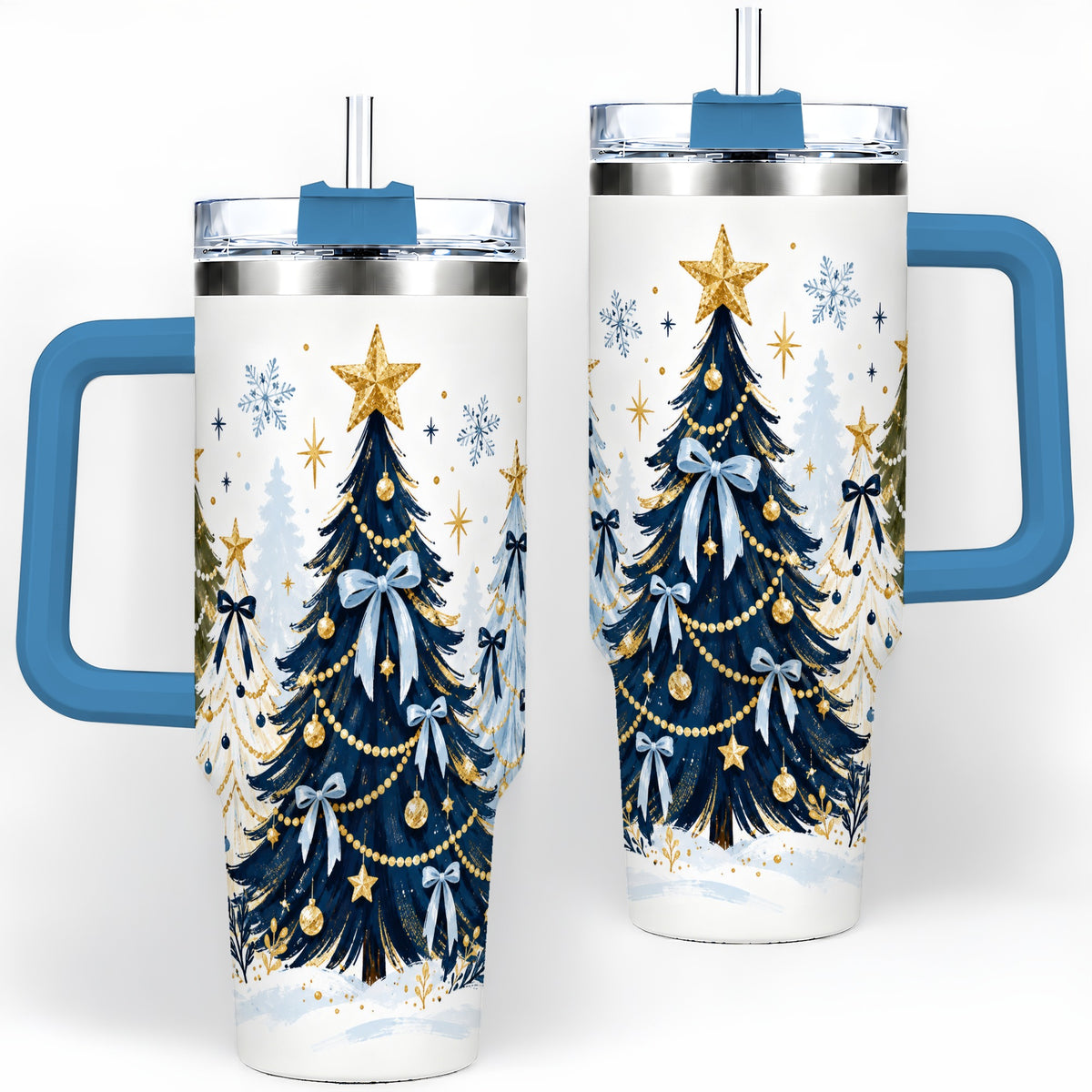 #pl[40oz|Blue] Navy Blue Christmas Trees Handled Tumbler, 40oz Holiday Drinkware