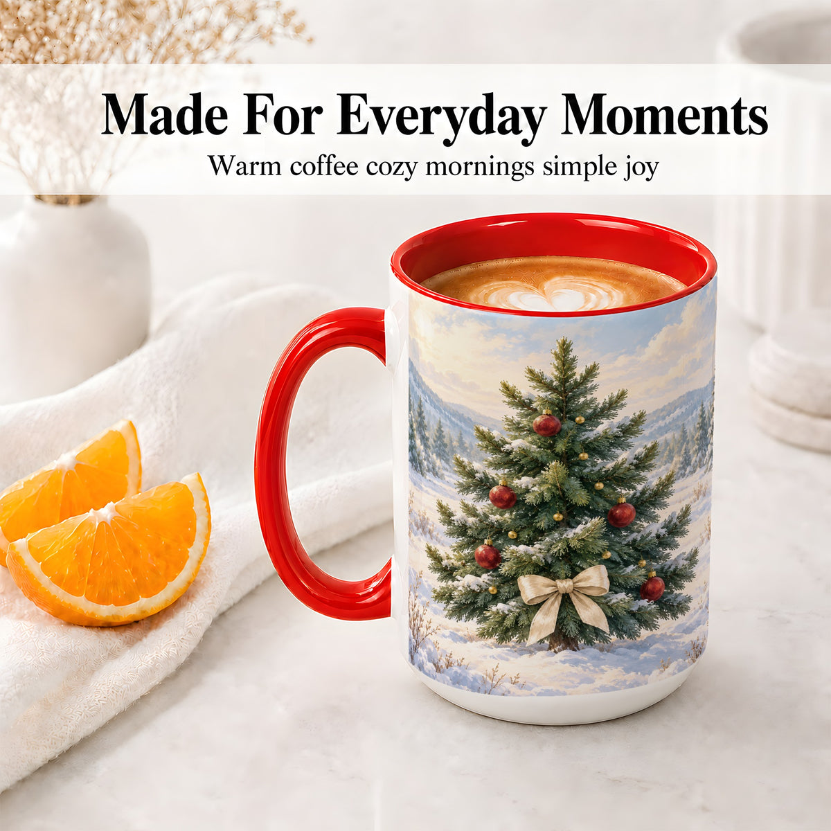 #pl[15oz|Red] Snowy Christmas Tree Ceramic Mug, Rustic Winter Mountain Landscape