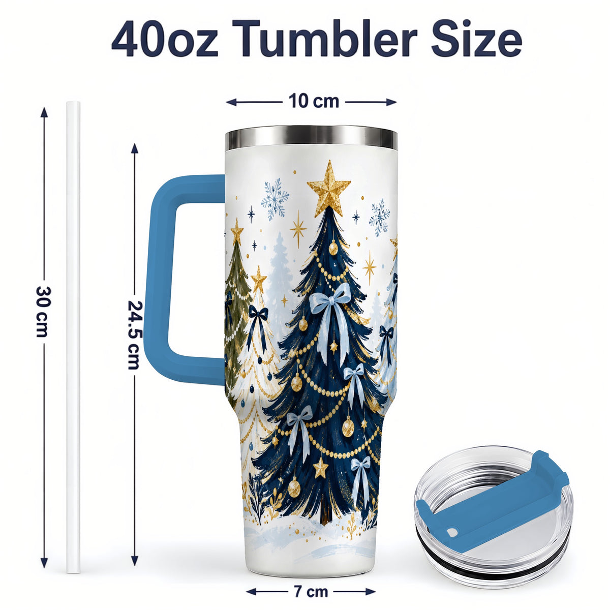 #pl[40oz|Blue] Navy Blue Christmas Trees Handled Tumbler, 40oz Holiday Drinkware