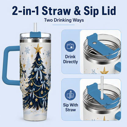#pl[40oz|Blue] Navy Blue Christmas Trees Handled Tumbler, 40oz Holiday Drinkware