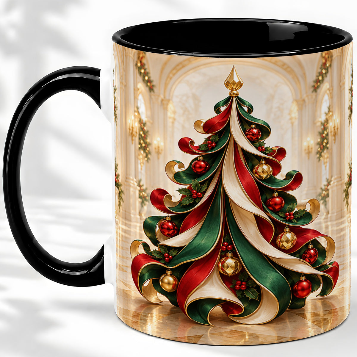 #pl[11oz|Black] Elegant Ribbon Christmas Tree Ceramic Mug, Red Green Holiday Art