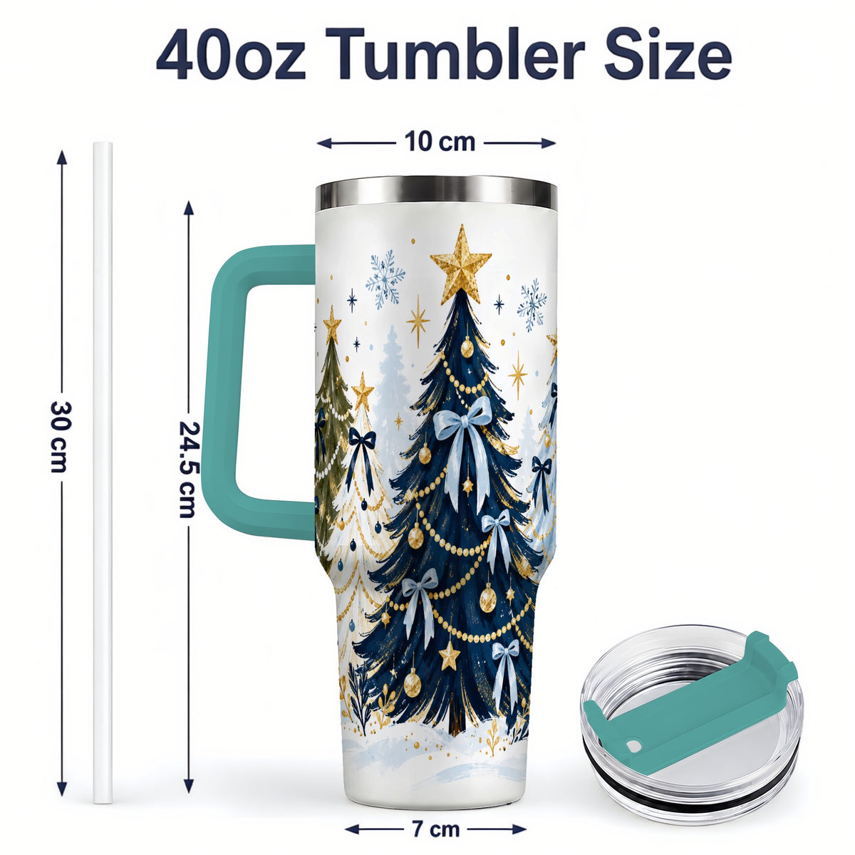 #pl[40oz|Green] Navy Blue Christmas Trees Handled Tumbler, 40oz Holiday Drinkware