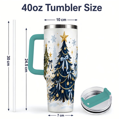 #pl[40oz|Green] Navy Blue Christmas Trees Handled Tumbler, 40oz Holiday Drinkware