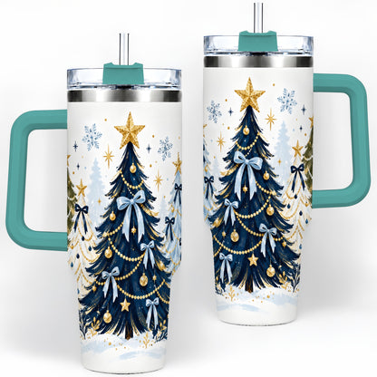 #pl[40oz|Green] Navy Blue Christmas Trees Handled Tumbler, 40oz Holiday Drinkware