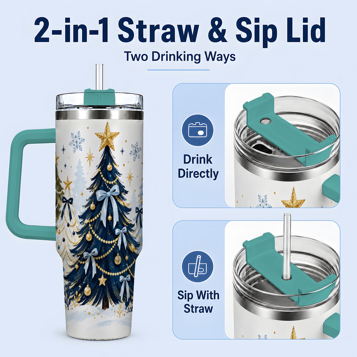 #pl[40oz|Green] Navy Blue Christmas Trees Handled Tumbler, 40oz Holiday Drinkware