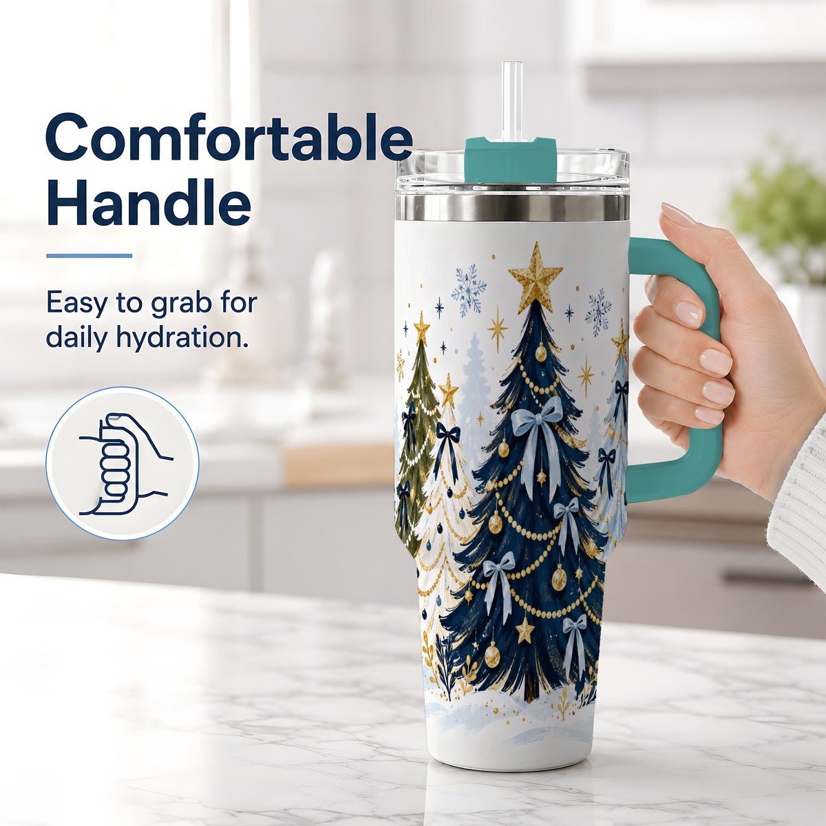 #pl[40oz|Green] Navy Blue Christmas Trees Handled Tumbler, 40oz Holiday Drinkware
