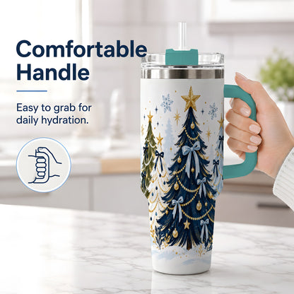 #pl[40oz|Green] Navy Blue Christmas Trees Handled Tumbler, 40oz Holiday Drinkware