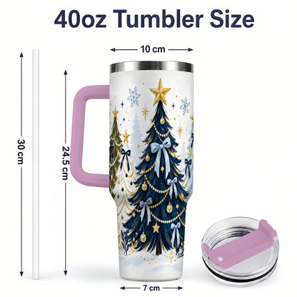 #pl[40oz|Pink] Navy Blue Christmas Trees Handled Tumbler, 40oz Holiday Drinkware