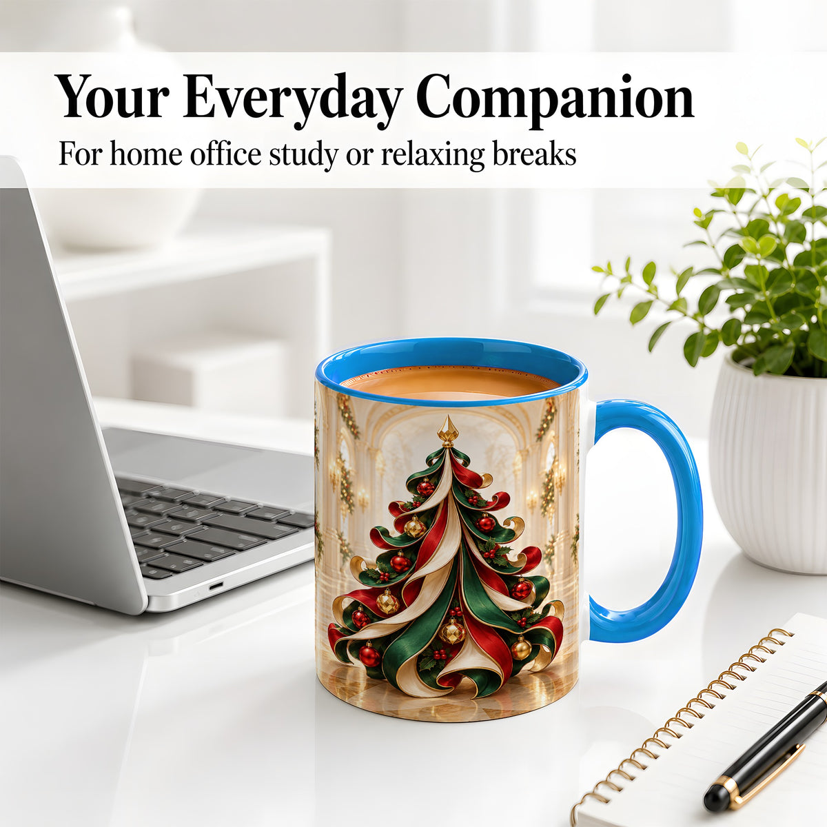 #pl[11oz|Blue] Elegant Ribbon Christmas Tree Ceramic Mug, Red Green Holiday Art