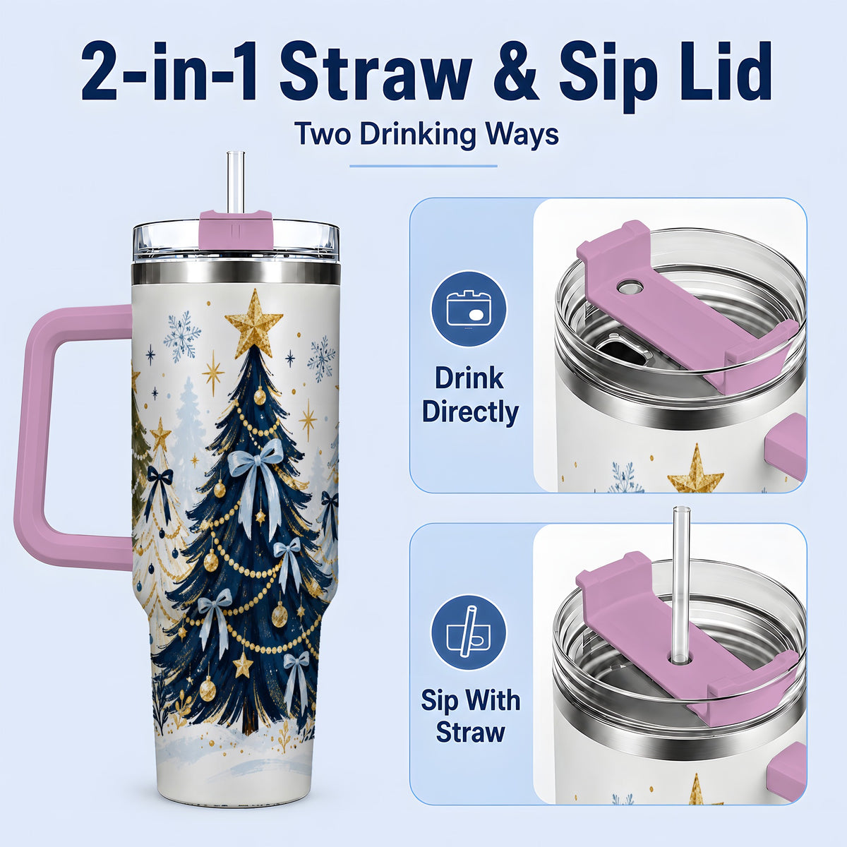 #pl[40oz|Pink] Navy Blue Christmas Trees Handled Tumbler, 40oz Holiday Drinkware