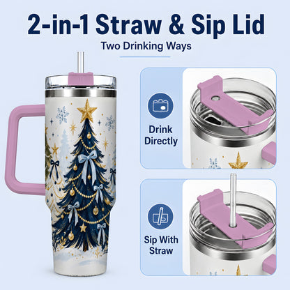 #pl[40oz|Pink] Navy Blue Christmas Trees Handled Tumbler, 40oz Holiday Drinkware