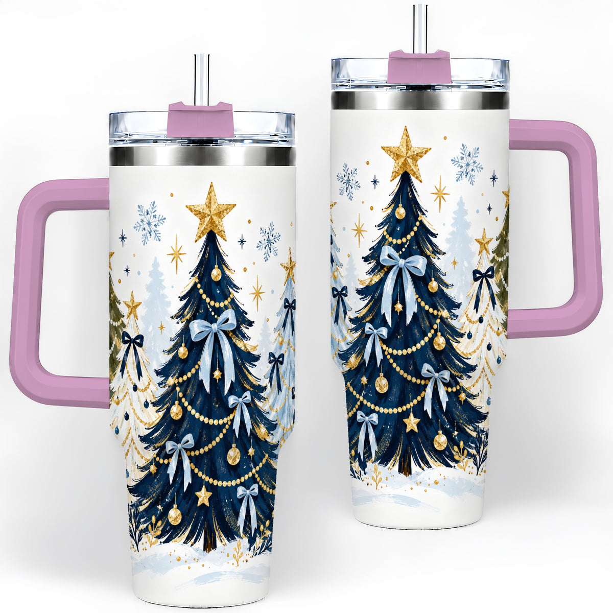#pl[40oz|Pink] Navy Blue Christmas Trees Handled Tumbler, 40oz Holiday Drinkware