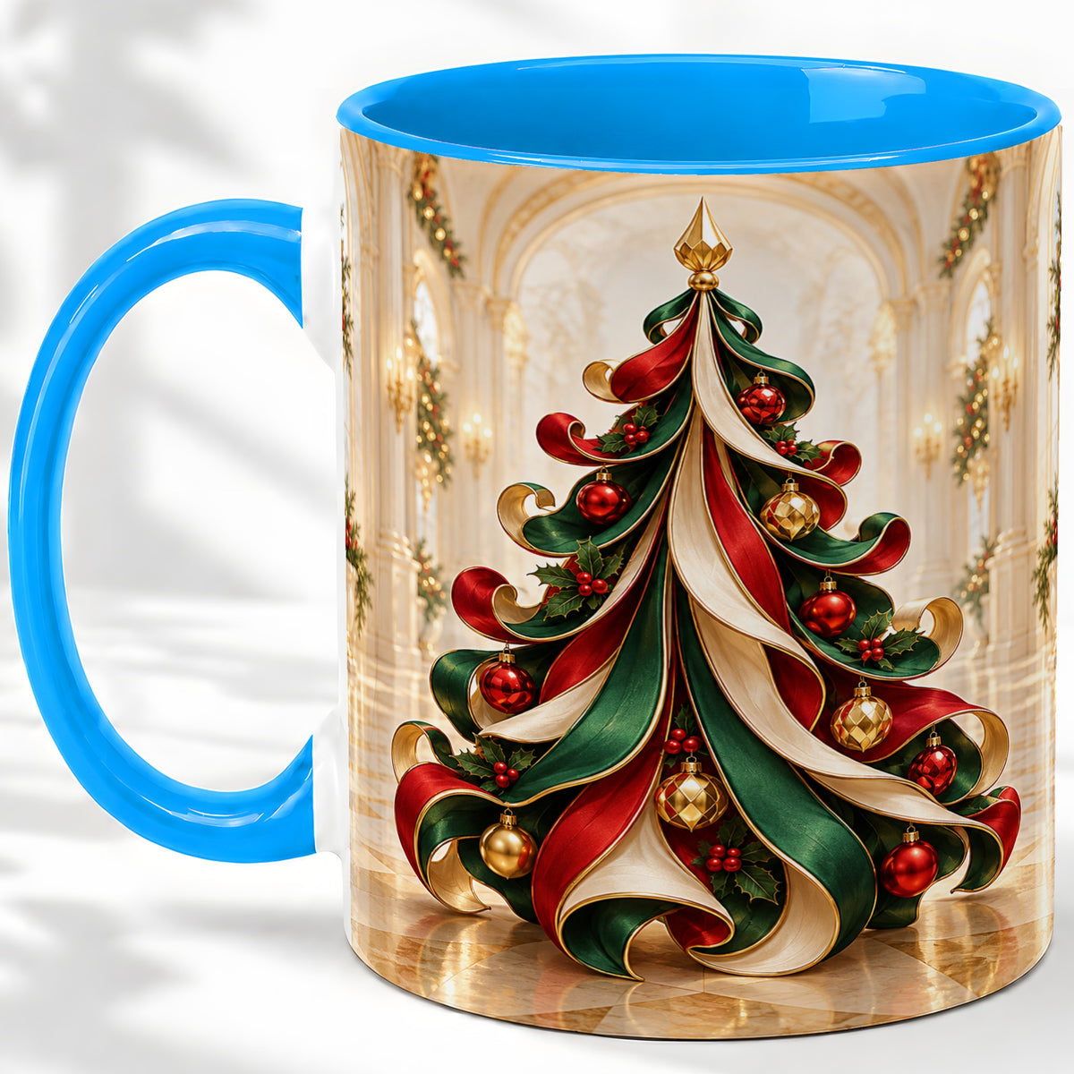#pl[11oz|Blue] Elegant Ribbon Christmas Tree Ceramic Mug, Red Green Holiday Art
