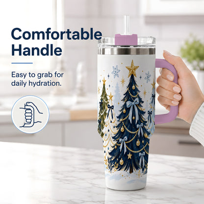 #pl[40oz|Pink] Navy Blue Christmas Trees Handled Tumbler, 40oz Holiday Drinkware