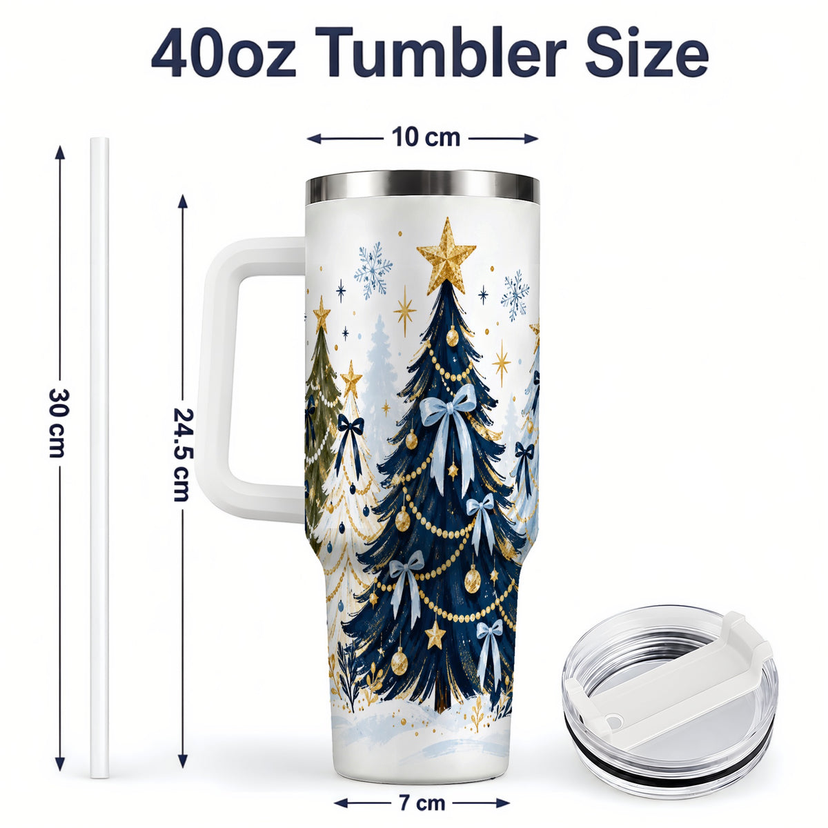 #pl[40oz|White] Navy Blue Christmas Trees Handled Tumbler, 40oz Holiday Drinkware