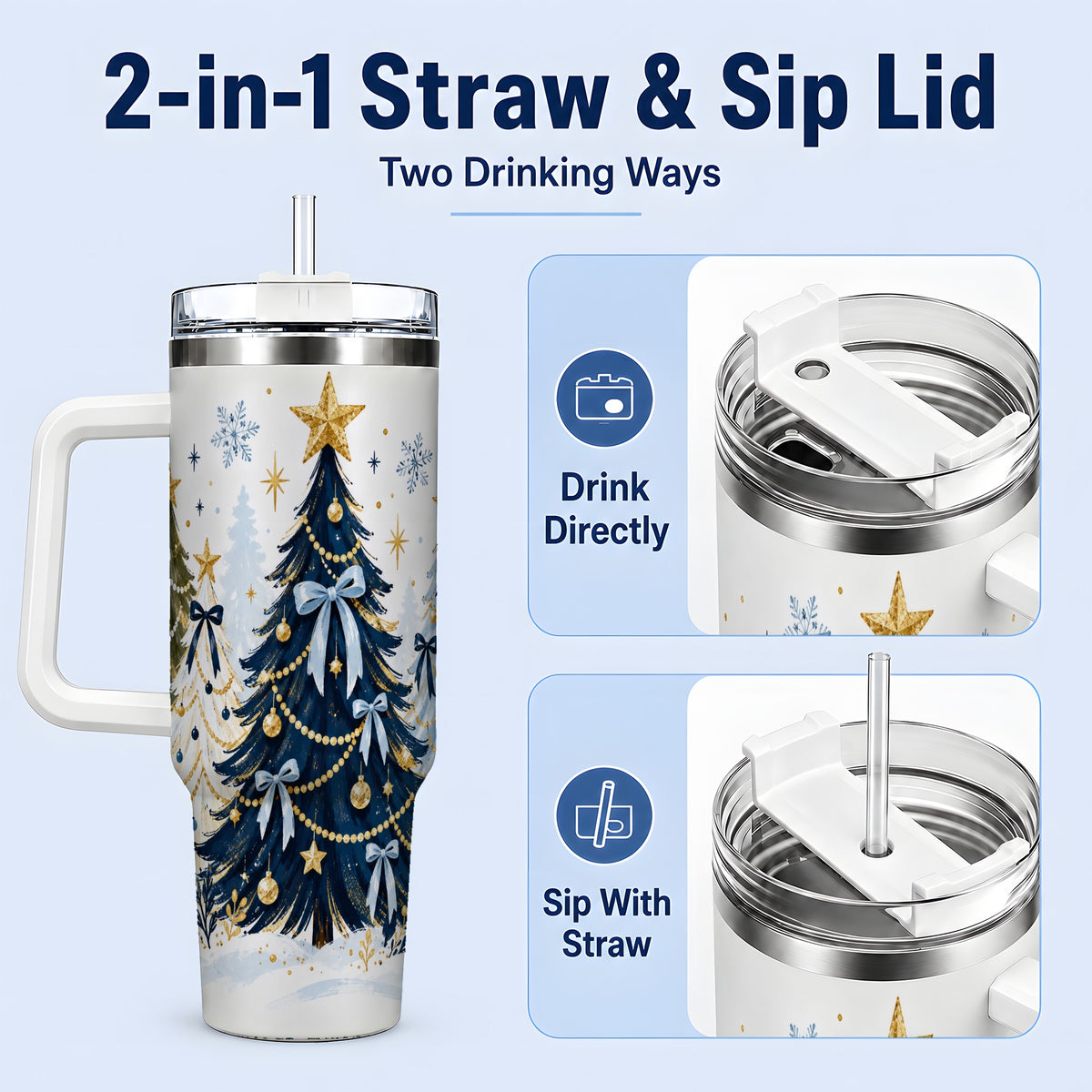 #pl[40oz|White] Navy Blue Christmas Trees Handled Tumbler, 40oz Holiday Drinkware