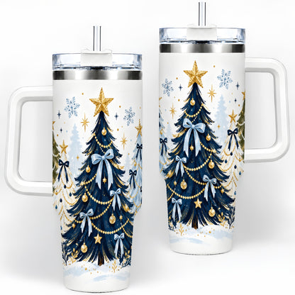 Navy Blue Christmas Trees Handled Tumbler, 40oz Holiday Drinkware