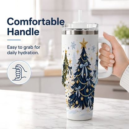 #pl[40oz|White] Navy Blue Christmas Trees Handled Tumbler, 40oz Holiday Drinkware