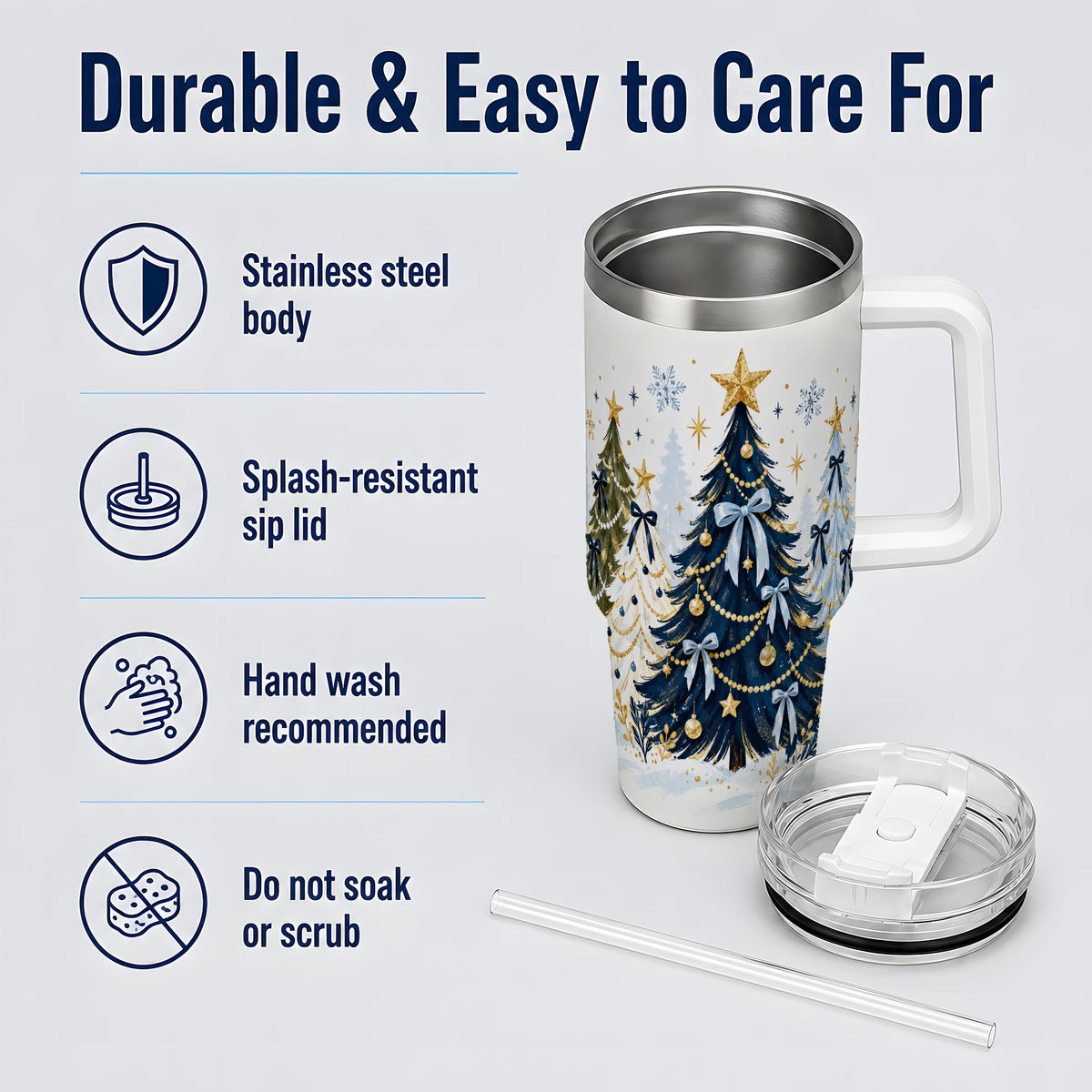 Navy Blue Christmas Trees Handled Tumbler, 40oz Holiday Drinkware