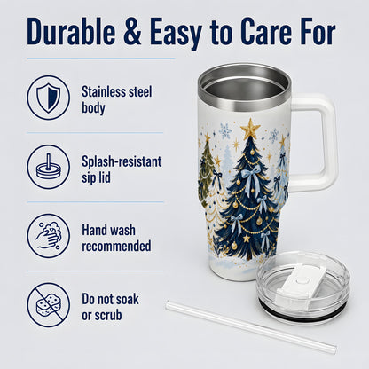 Navy Blue Christmas Trees Handled Tumbler, 40oz Holiday Drinkware
